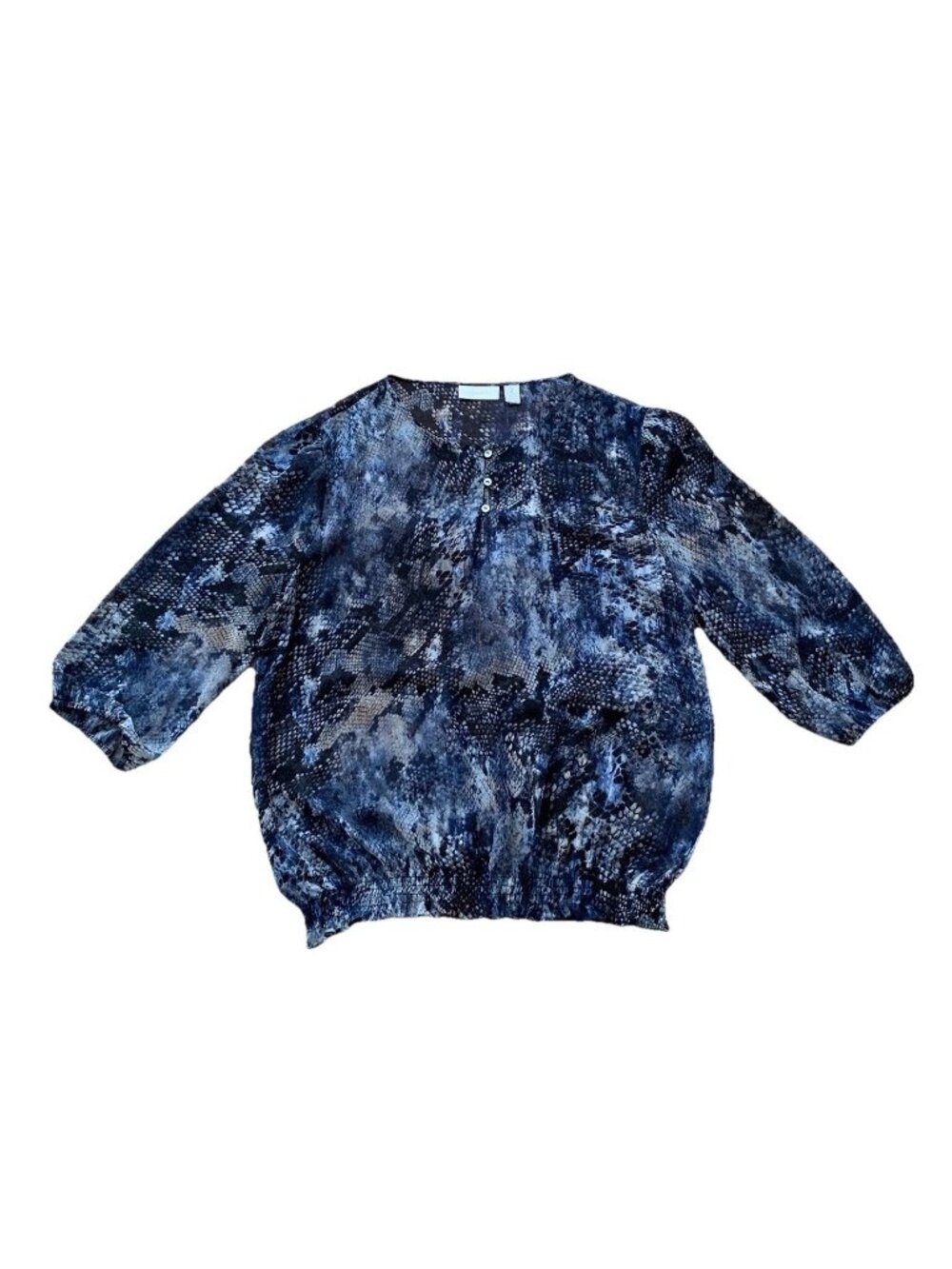 Chicos Blouse 2 Large 12 14 Blue Snake Print Peasant Sleeve Shirred Waist